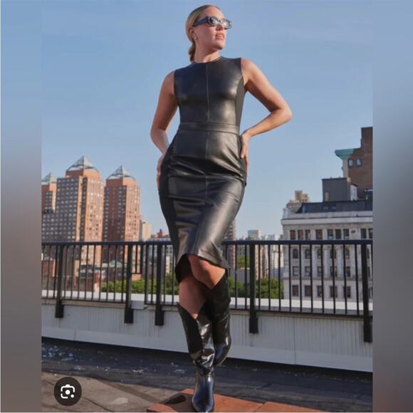 SPANX Faux Leather Combo Panel Knit Midi Sheath Dress Luxe Black NEW Womens XL - Picture 12 of 12